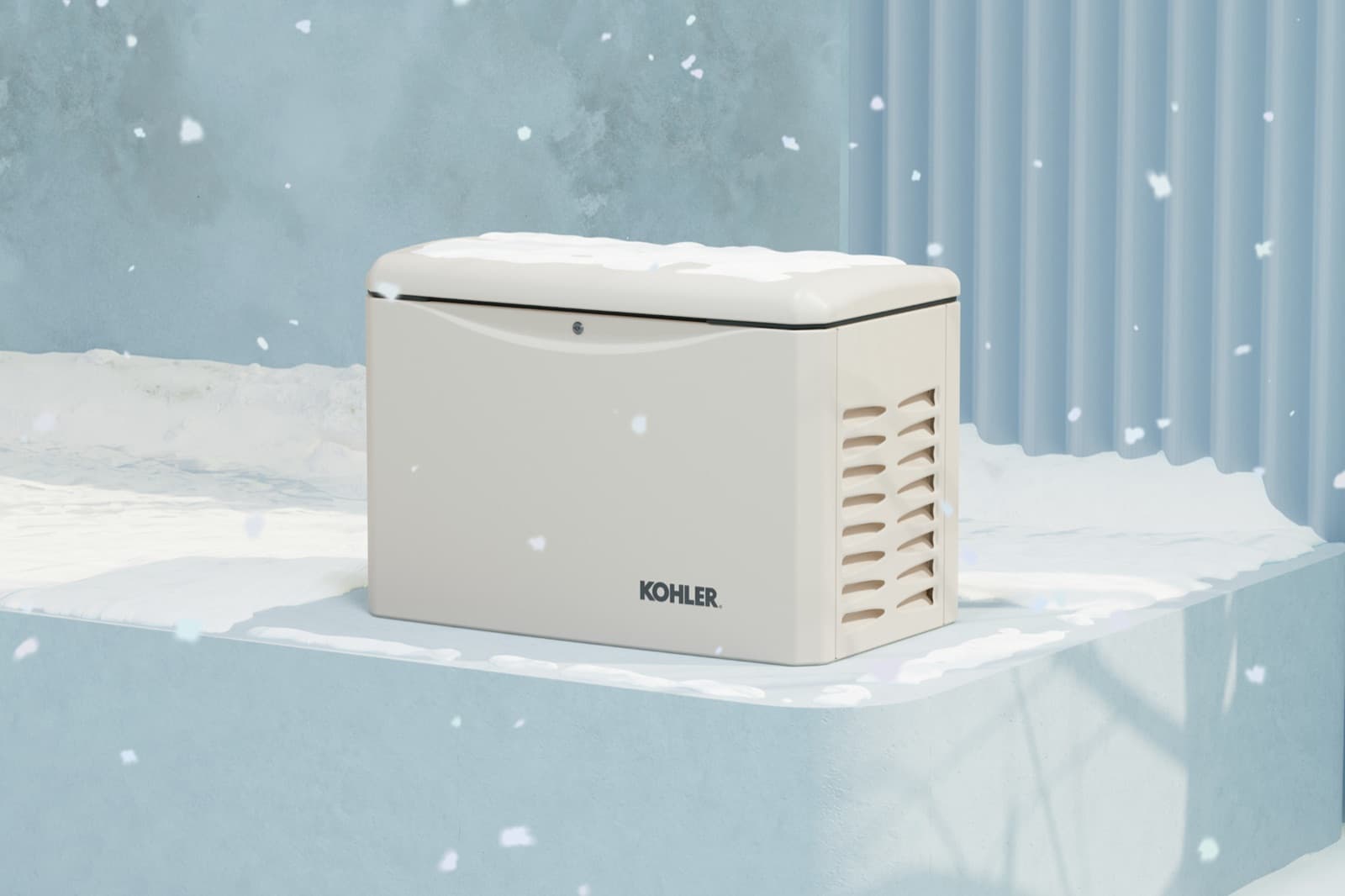 KOHLER air-cooled home standby generator in falling snow