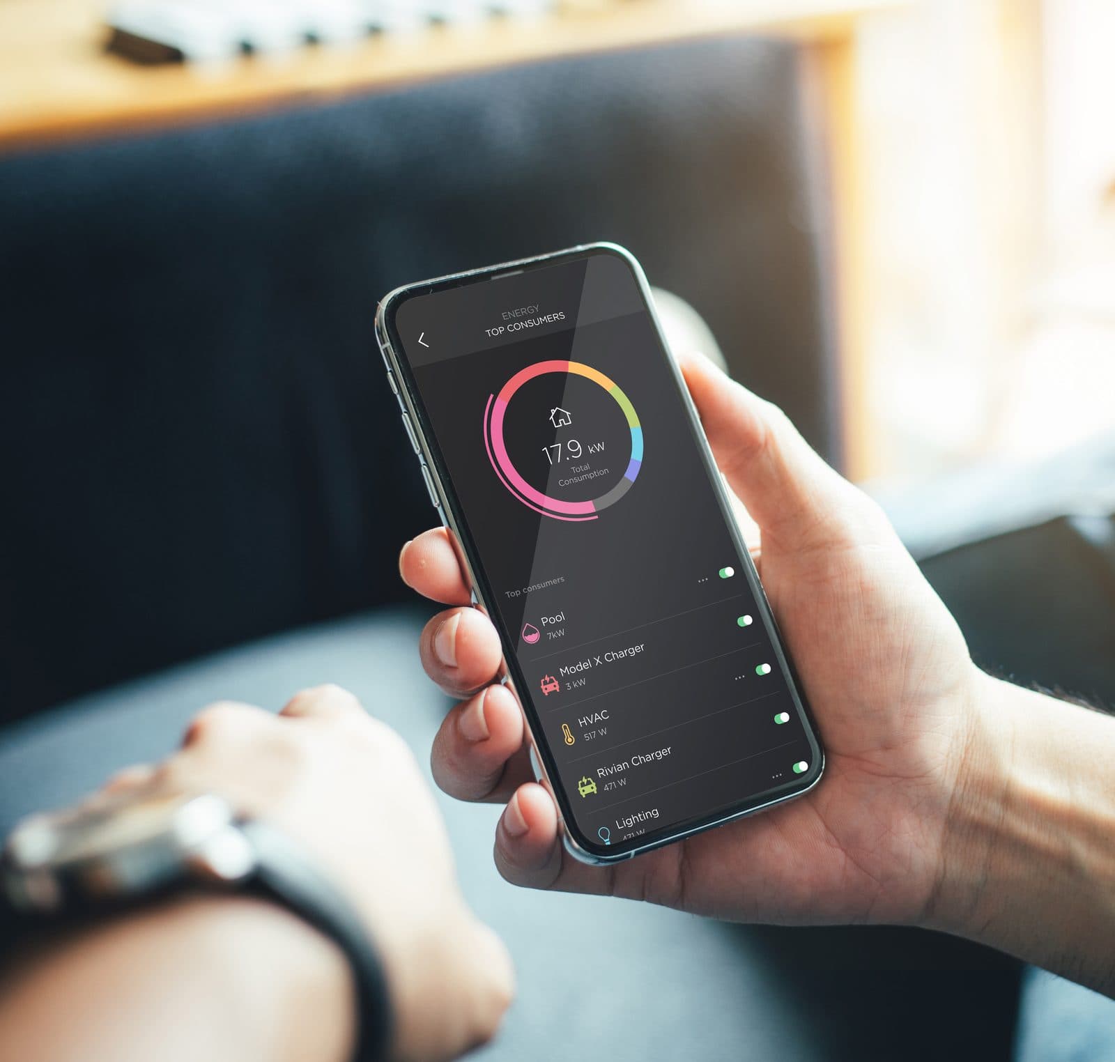 Savant app on a phone showing the home's top energy consumers