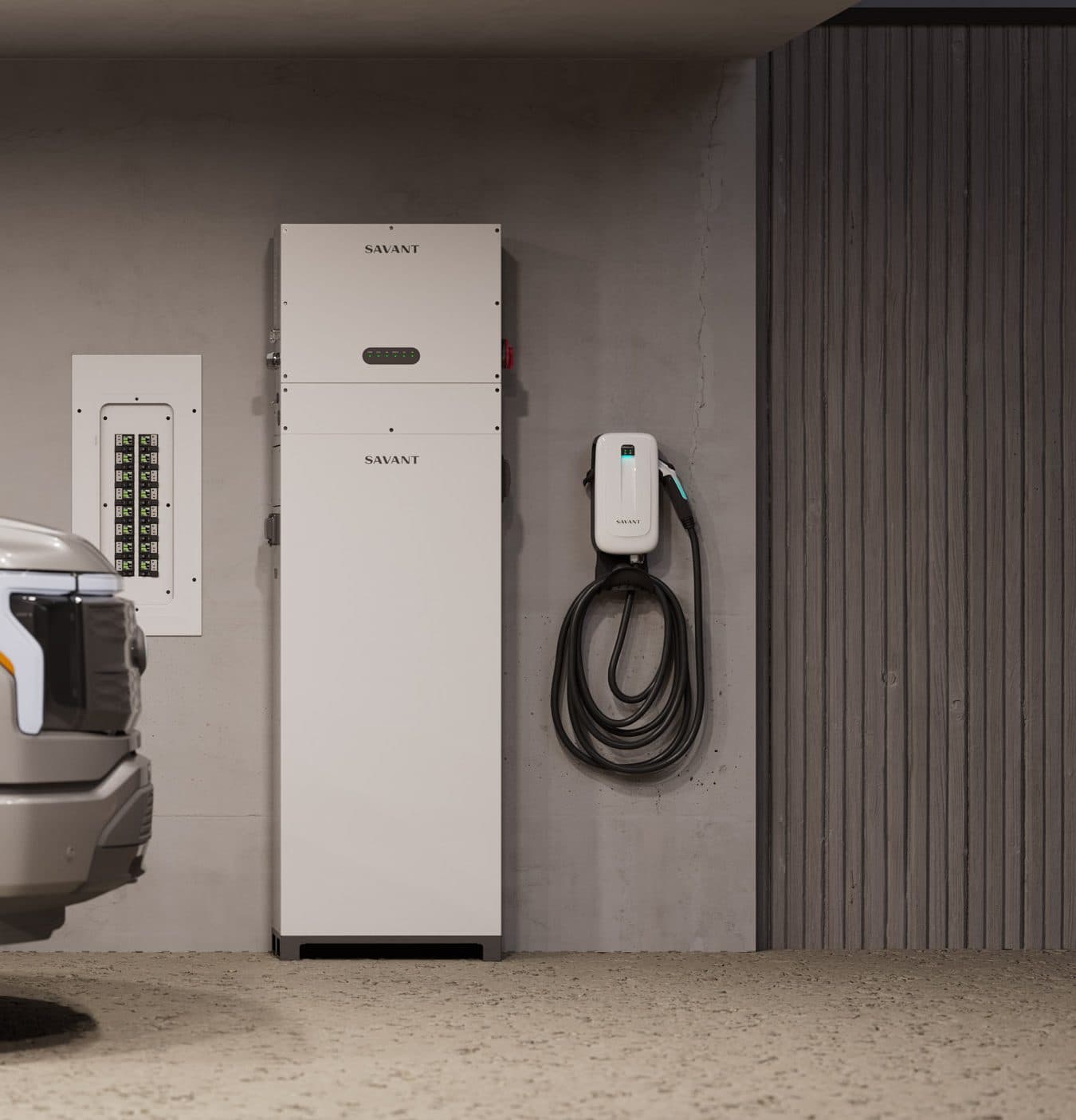 Garage wall with a Savant module panel, Power Storage 20 and an EV charger