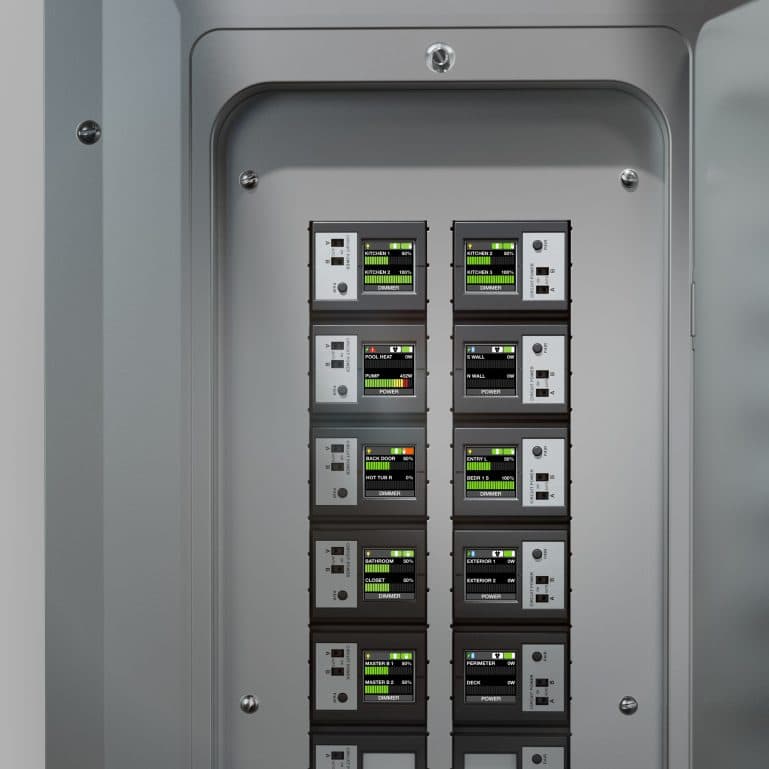 Savant modules installed in an electrical panel, each with a screen showing its circuits
